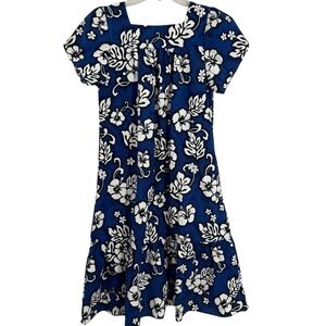 Hawaiian Vintage Floral Blue Mumu Dress Ruffle Size Large Short Sleeves